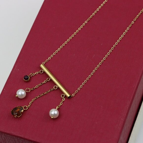 Yellow Gold Plated Pearl Drop Necklace with Crystal Charms, XPNL0361 - Picture 7 of 13